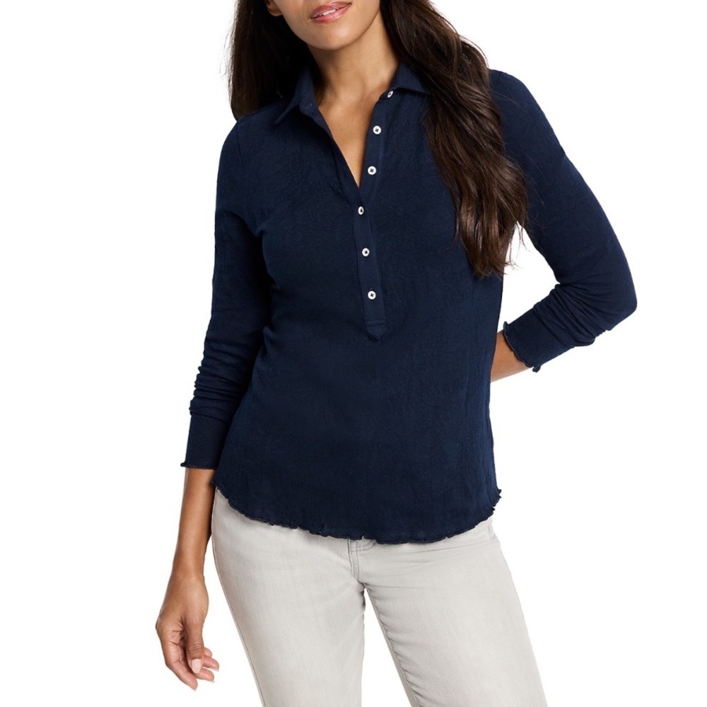 NIC+ZOE Lace Knit Collared Top Dark Indigo Navy Henley XL W241088 NEW